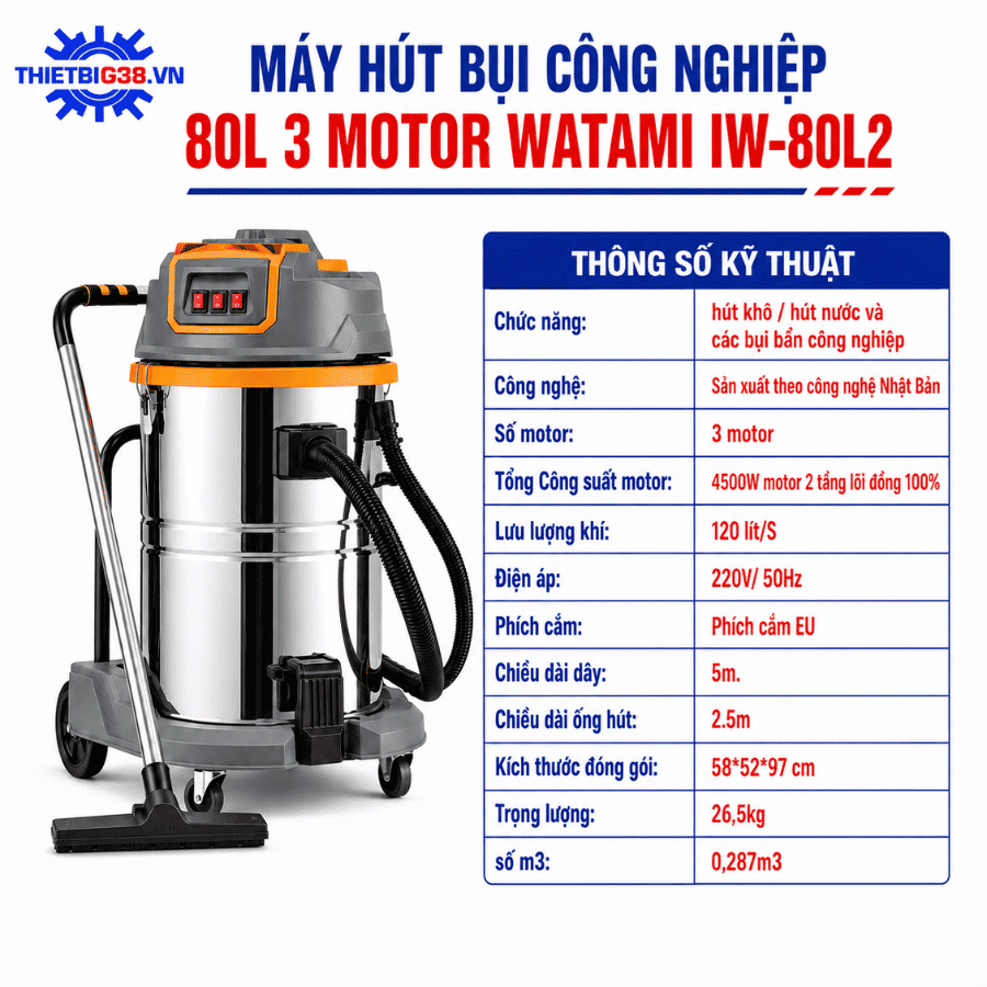 Máy hút bụi công nghiệp 80L 3 Motor WATAMI IW-80L2